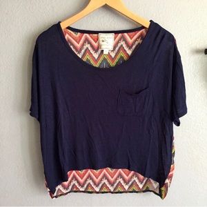Blue Pattern High Low Cropped Mixed Material Top